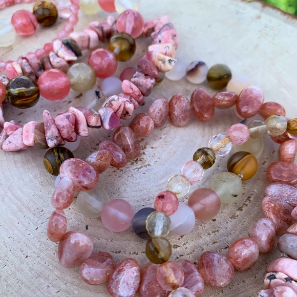 Natural Fire Cherry Quartz & Pink Rhodonite Gemstone Mixed Bead Bracelet Stack - Picture 10 of 10
